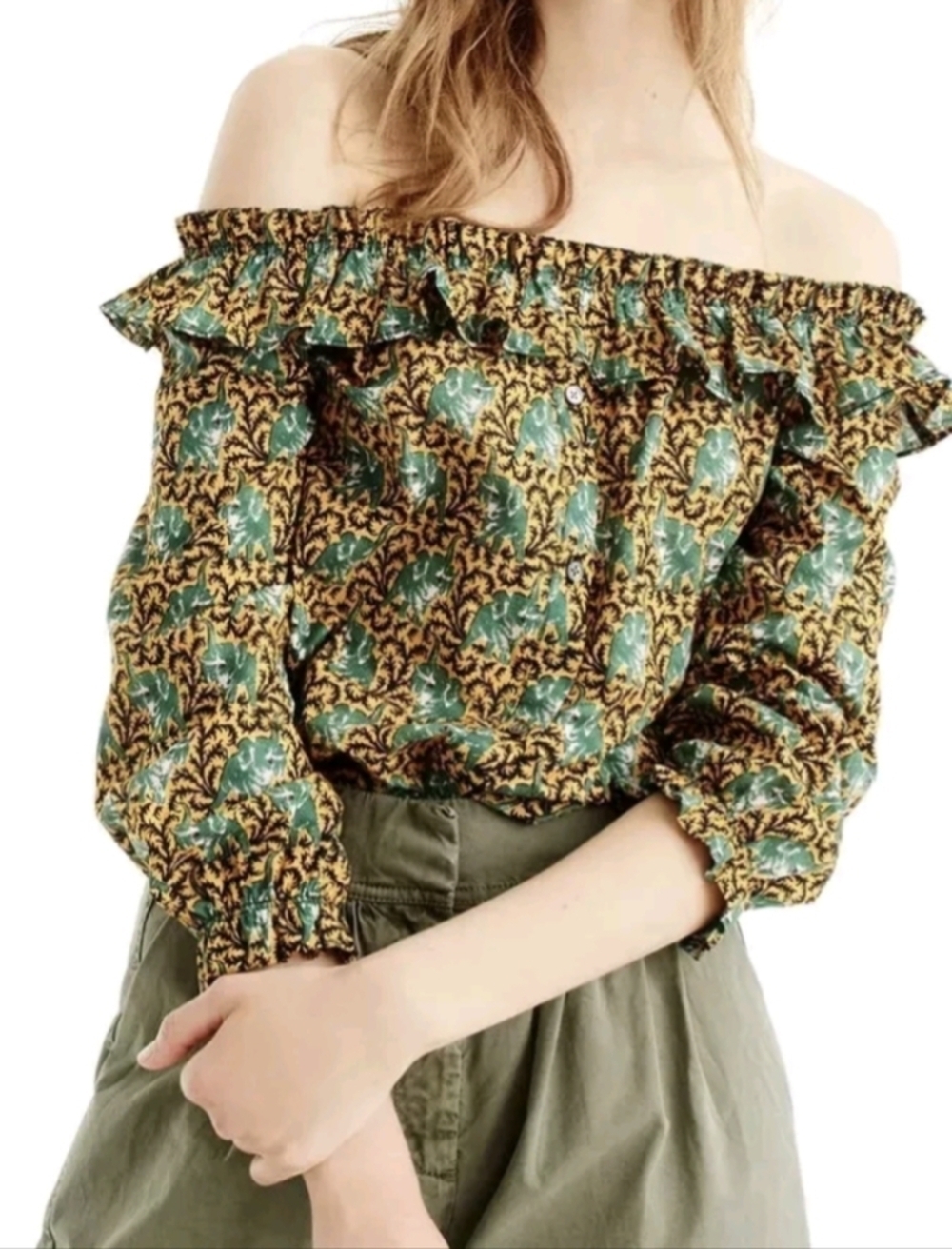 J.Crew Off the Shoulder Ratti Elephant Print Top long sleeve size 14